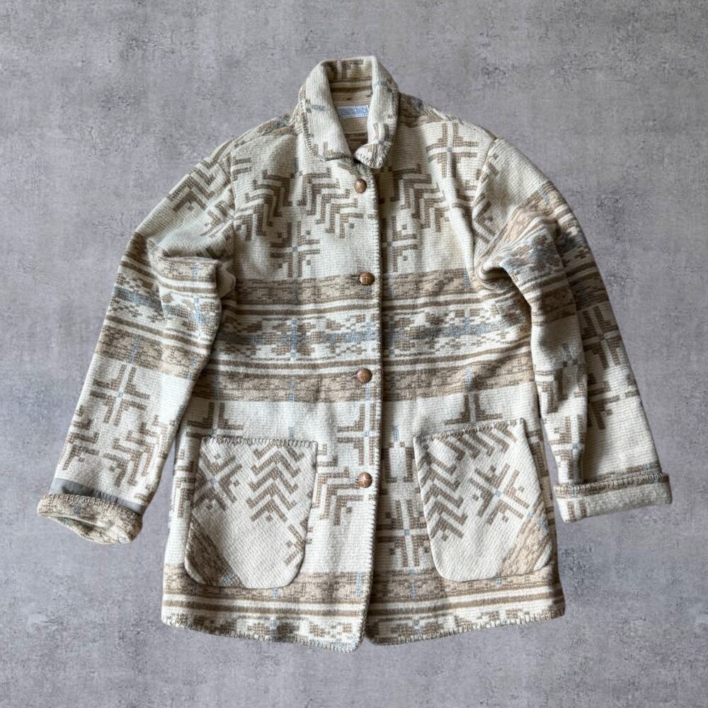 Vtg 90s Lands End Wool Blanket Jacket M 10-12 USA Southwestern Aztec Chore Coat⁠